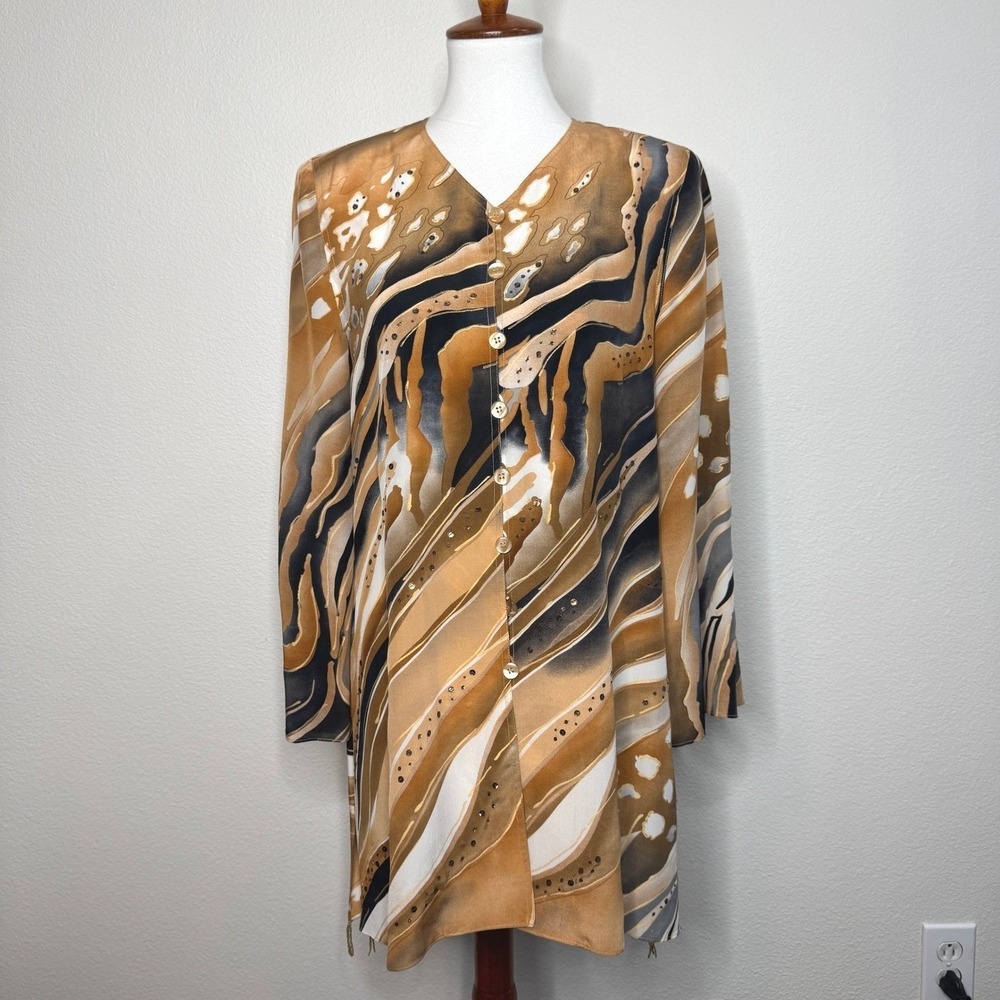 DIANE GILMAN VTG 100% Silk Beaded‎ Tunic SMALL Animal Print 90s Y2K Art to Wear